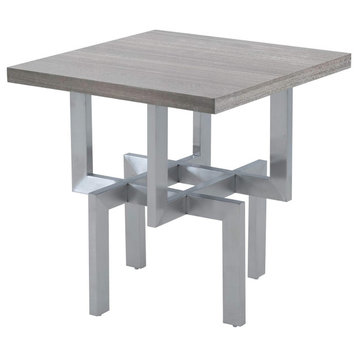 Contemporary End Table, Geometric Stainless Steel Base and Square Top, Grey