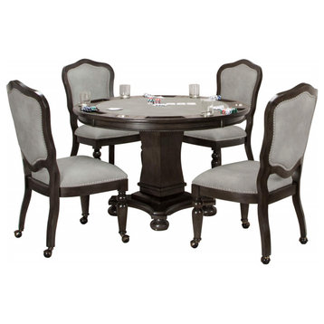 5-Piece 48" Round Vegas Dining & Poker Table Set, Gray Wood, Caster Chairs