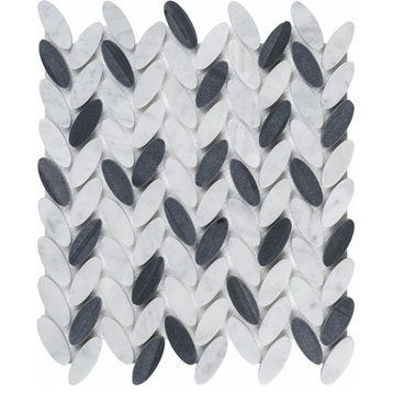 12"x12" Elyptic Herringbone Imagination Mosaic, Set Of 4, Black n White