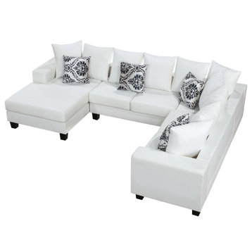 Modern Sectional Sofa, Velvet Upholstered Seat With Unique Throw Pillows, White
