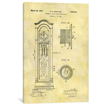 "Clock Winding Mechanism Patent Sketch, Foxed" Wrapped Canvas Print, 26x18x1.5