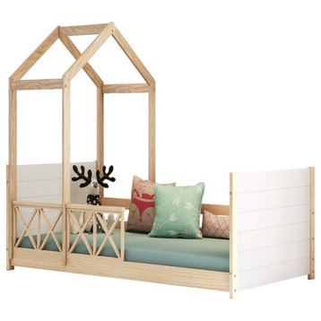 Themes and Rooms Daybed Montessorian Woody Twin with  Single Roof and Guardrails