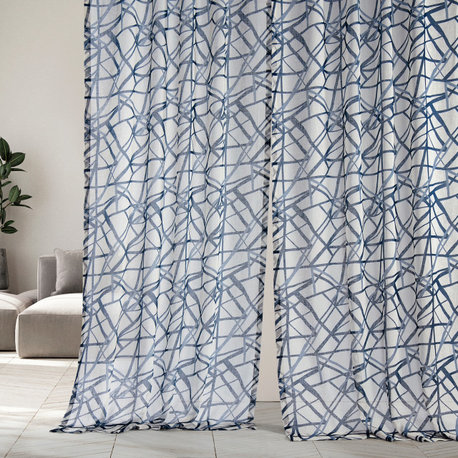 Matrix Printed Sheer Curtain Single Panel, Blue, 50"x108"
