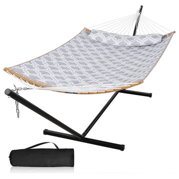 2 Person Hammock With Stand, Weather Resistant Bed With Carry Back, Gray Ripples