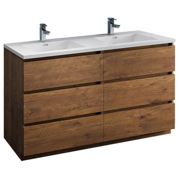Fresca Lazzaro 60" Wood Bathroom Cabinet with Integrated Double Sinks in Brown