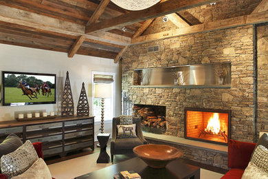 Mid-sized trendy open concept medium tone wood floor living room photo in New York with a stone fireplace, multicolored walls, a standard fireplace and a wall-mounted tv