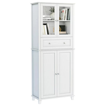Modern Pantry Cabinet, Glass Doors & 5 Storage Compartments With Central Drawer