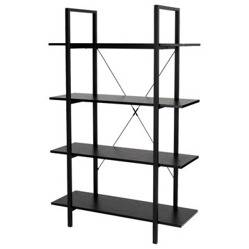 55"H Modern Industry Metal/Wooden 4-Tier Bookcases & Shelves, Black Oak Melamine