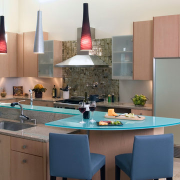 Contemporary Flat Panel Cabinet Kitchen with Glass Front Cabinets