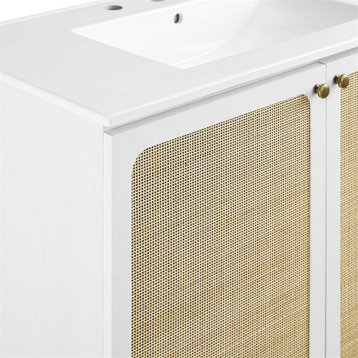 Modway Chaucer 36" Wood & Rattan Bathroom Vanity with Adjustable Shelf in White