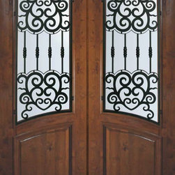 Slab Exterior Double Door 96 Alder Barcelona Arch Lite Wrought Iron - Front Doors