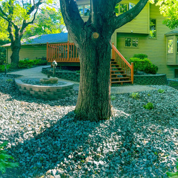 Custom Retaining Wall, Fountain Feature & Patio Integration in Wooded Backyard –