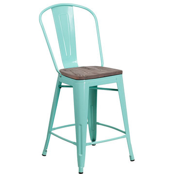 24" High Metal Counter Height Stool With Back and Wood Seat, Mint Green