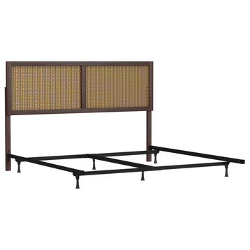 Coastal Platform Bed, Wood Frame & Wicker Cane Headboard, Chocolate, King