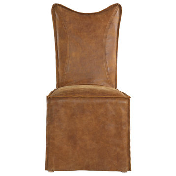 Leather Suede Side Dining Chair, Set of 2, Light Brown Slipcover