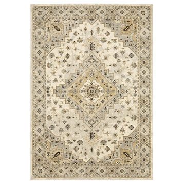 Fleming Border Medallion Beige and Tan Area Rug, 5'3"x7'6"