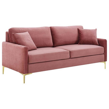Comfortable Sofa, Gold Finished Legs and Velvet Cushioned Seat, Dusty Rose