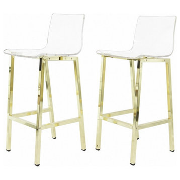 Pemberly Row Pure Decor 29" Acrylic Metal Bar Stools in Gold (Set of 2)