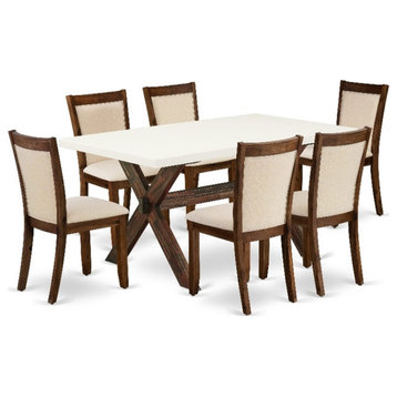 X726MZN32-7 Dining Table and 6 Light Beige Chairs - Distressed Jacobean Finish