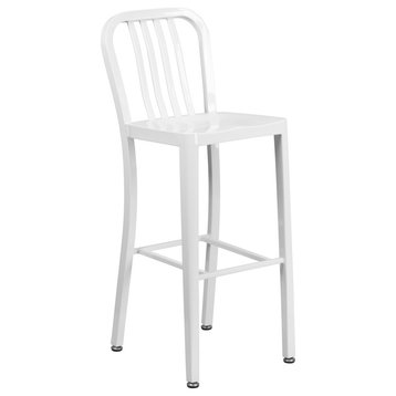 30'' High Metal Indoor-Outdoor Barstool With Vertical Slat Back, White