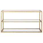Elk Home - Strie Console Table - The Strie Console Table brings instant modern glam to a living room. Its metal frame comes in a luxe gold finish and holds three glass shelves, creating a chic space for displaying decorative items, lamps or books. With its open design, this piece provides a useful surface without encroaching on a sense of light and space. The Strie is a sleek, contemporary choice to add dimension to a living room or hallway.