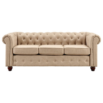 Vintage Chesterfield Sofa, Classic Rolled Arms & Diamond Button Tufting, Cream