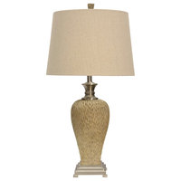 Gallatin Table Lamp, Beige + Brushed Steel Finish, Cream Hardback Fabric Shade