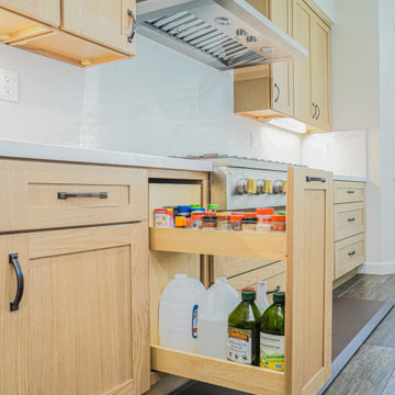 Modern Light Oak Shaker Kitchen with Waterfall Quartz Island P3| The Cabination