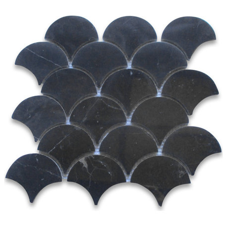 Nero Marquina Black Marble Fish Scale Fan Shape Mosaic Tile Polished, 1 sheet