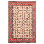 Bareens Designer Rugs - Rustic Kazak Luciano Ivory/Red Wool Rug - 9'2'' x 12'1'' - Embellish your home with this exquisitely hand-knotted Kazak Rug made with the finest hand spun wool and all vegetable dyes. Demonstrating incredible attention to detail, this hand-knotted masterpiece features an intricate Kazak pattern in a classic color palette. Made in the Caucasian designs from Russia and the northern Persian empire, each Kazak incorporates distinctive tribal flavor with elements such as the stepped hooted polygons, geometrical medallions, animals and rosettes. The straight, clean lines and bold tones embody the weaving style of the Armenian and Afghani weavers known for these iconic designs. This magnificent rug featuring soft luscious pile and is made with handspun wool and natural dyes to produces soft luminous shades causing a beautiful sheen. With geometric designs and bold vibrant saturated colors predominately blues, reds, greens, and gold make a bold statement in any decor. The construction technique used ensures that the designs and colors Ae capable to withstand heavy traffic area.