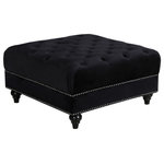 Meridian Furniture - Sabrina Velvet Upholstered Ottoman, Black - Take a load off when you prop your feet up on this Sabrina black velvet ottoman. This sumptuously elegant ottoman serves not only as a luxurious foot rest, but doubles as a seat when you have extra company over. The black velvet upholstery is rich and chic, and the addition of nail head trim adds to its sophisticated feel. Wooden legs with a turned design provide sturdy support for the unit, ensuring its long-lasting beauty and performance. Buy it on its own or as part of the Sabrina collection for a beautiful, cohesive look.