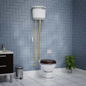 White Porcelain High Tank Pull Chain Toilet Elongated Bowl and Brass L-Pipe
