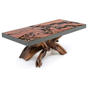 A River Runs Through It Unique Coffee Table, Redwood With Juniper Base, 48x28x20
