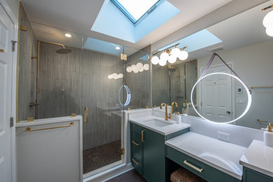 Medium sized modern ensuite bathroom in Chicago with recessed-panel cabinets, green cabinets, porcelain tiles, a submerged sink, engineered stone worktops, double sinks and a built in vanity unit.