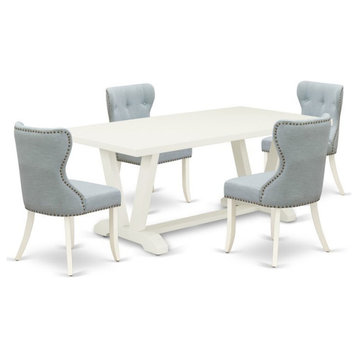 East West Furniture V-Style 5-piece Wood Dining Set with Fabric Chairs in White