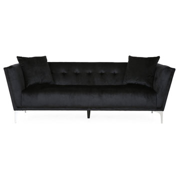 Modern Sofa, Silver Base With Tufted Velvet Upholstery & Pillows, Black