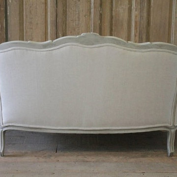 20th Century Carved and Painted Settee Upholstered in Belgian Linen