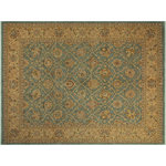 Bareens Designer Rugs - Bohemien Ziegler Lucilla Green Beige Hand-Knotted Wool Rug- 8'1'' x 9'11'' - Enhance the ambiance of your home with this magnificent Persian-influenced Turkish hand-knotted rug made by skilled artisans capable of creating the most exceptional vegetable dyes and hand-spun wool. This exquisite handmade rug is a one-of-a-kind Peshawar Kafkaz, otherwise identified as Chobi, Chobi Peshawar, Oushak, or Ziegler rug. These handmade rugs are crafted in Pakistan utilizing superior-quality wool imported from Australia, New Zealand, and Korea in two types of weaves: the Persian weave and the Mori weave. This rug is meticulously crafted by hand using the finest natural vegetable dyes extracted from local plants. The artisans use a blend of hand-spun local and fine merino wool, resulting in a rug with a compelling texture, higher lanolin content, and longer staple. The artisans occasionally incorporate natural or artificial silk into the pile to enhance specific motifs. The finished product is an awe-inspiring execution of flawless design and an understated palette that exudes elegance.
