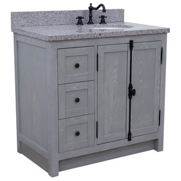 37" Single Vanity, Gray Ash With Gray Granite Top, Right Doors/Right Oval Sink