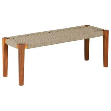 Bohemian Accent Bench, Sturdy Acacia Frame With Woven Rope Seat, Beige/Natural