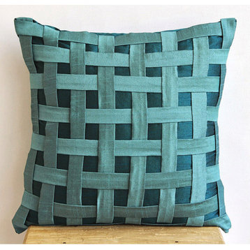 Peacock Green N Teal Basket Weave, 18"x18" Art Silk Teal Blue Pillows Cover