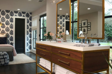 Inspiration for a mid-sized master dark wood floor and brown floor bathroom remodel in Other with open cabinets, medium tone wood cabinets, multicolored walls, an integrated sink and solid surface countertops