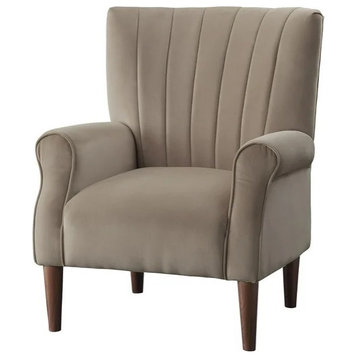 Transitional Armchair, Velvet Seat With Rolled Arms and Channel Back, Brown