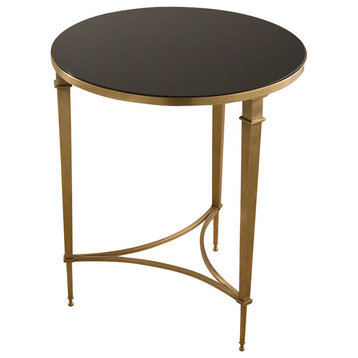 Round French Square Leg Table, Brass and Black Granite