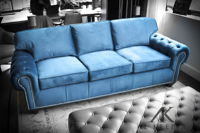 Velvet sofa reupholstered and redesigned with tufted arms