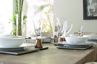 Photo of a large modern kitchen/dining room in Other with white walls, porcelain flooring, no fireplace, white floors, a coffered ceiling and wallpapered walls.