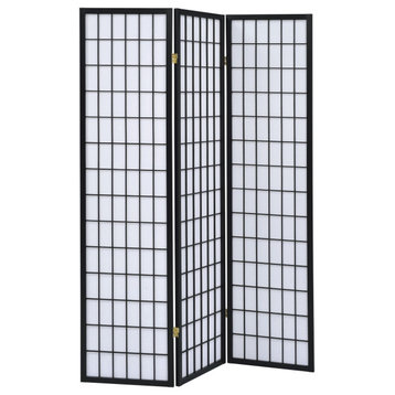 Benzara BM242730 3 Panel Screen With Grid Design Wooden Frame, Black