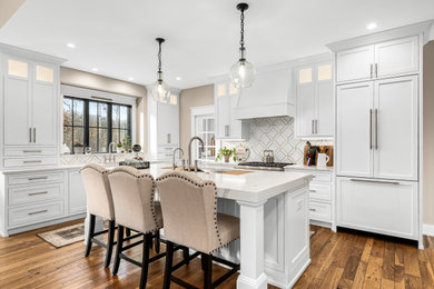 Eat-in kitchen - large transitional l-shaped eat-in kitchen idea in Detroit with beaded inset cabinets, white cabinets, quartz countertops, an island and white countertops