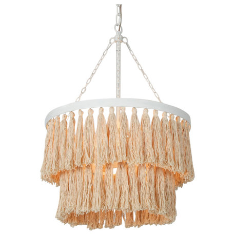 LNC AVA 3-Light 2-Tier Antique White with Hemp Rope Bohemian Empire Chandelier