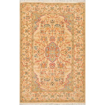 3'3''x5'2'' Hand Knotted Wool 250 KPSI Oriental Area Rug Tan Color